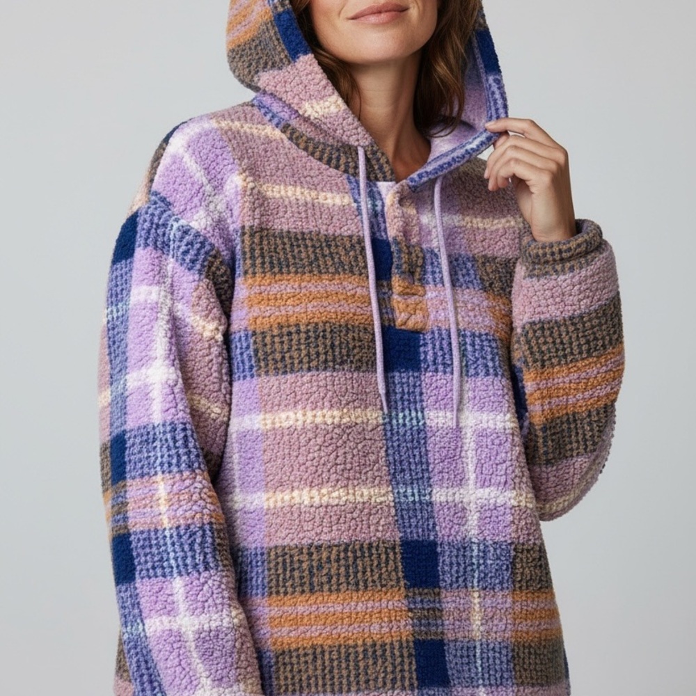 Wrangler Retro Women Multicolor Plaid Cozy Sherpa Fleece Sweatshirt Hoodie L
